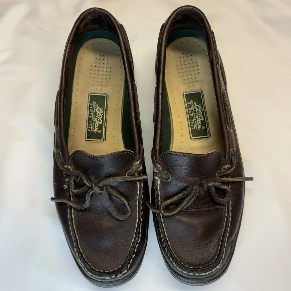 LL BEAN Camp Moc Loafers Boat Slip On Shoes Sz 9.5 Wide Brown Leather Dock Sider
